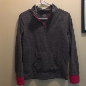 SO gray half-zip sweater, pink on the sleeves